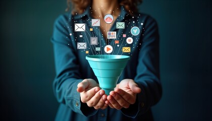 Person holds digital marketing funnel. Digital icons for elements of digital marketing conversion process. Illustrates converting prospects to clients online. Modern business strategy, tech