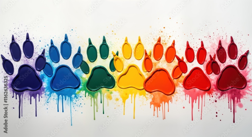 Poster colorful paw prints in rainbow colors painted on white background. prints drip with paint in rainbow