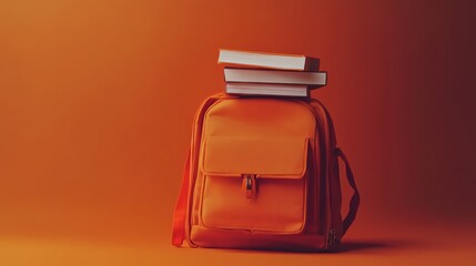Back to school scene: orange backpack filled with school supplies, placed against a vibrant orange background featuring textbooks and notebooks for a fresh academic year