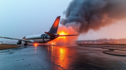 Airplane crash aftermath scene, Burnt airplane tail with emergency lights reflecting on wet asphalt, heavy smoke in the air