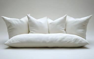 Four square pillows and a long bolster pillow arranged on a white background.