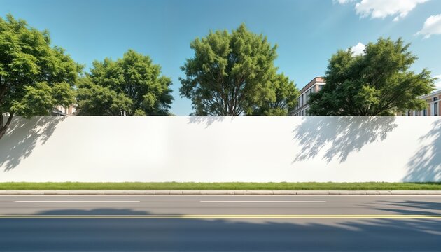 Empty white hoarding stands on city street. Green trees border structure. Sunny day on urban roadside. Blank billboard with mock-up area. Ideal for advertising. Modern urban scene. Potential place