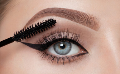 A close-up of a woman's eye, emphasizing her eyelashes and eyeliner. A black mascara brush is applied to her eyelashes, accentuating their length and volume. 