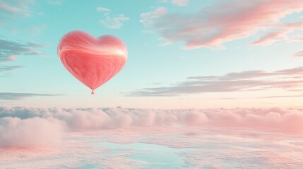 Fototapeta premium A heart-shaped balloon floats above soft clouds in a pastel sky, evoking love and serenity.