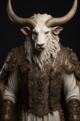 front view of a leo full portrait from top and bottom, with long horns on the head, bullfighter costume, gray background