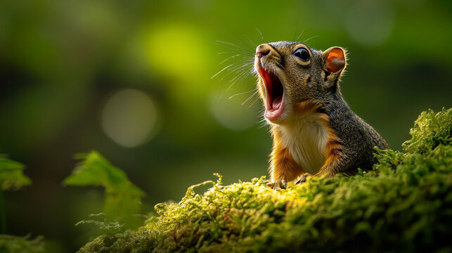 Fototapeta Squirrel yawning in the forest during daylight surrounded by green foliage