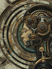 Obraz premium A beautiful female robot with gears and cogs, wearing headphones, standing in front of an elaborate steampunk background.