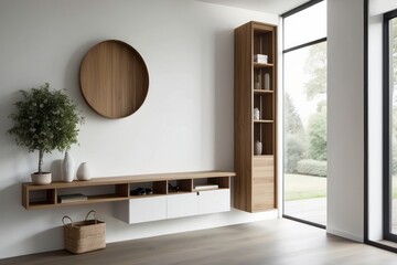 Modern White And Wood Foyer Design With Wall Mounted Storage Unit