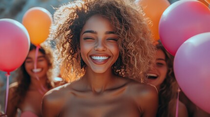 Group of friends celebrating with colorful balloons at a beach party during sunset