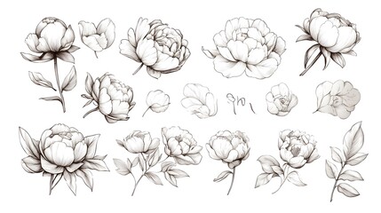 Elegant Monochrome Peony Flower Illustrations Collection