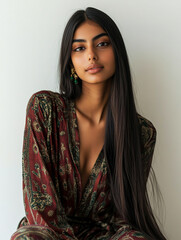 A beautiful girl wearing a printed night suit and sitting on a white background