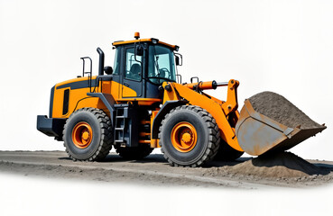 Orange construction vehicle carries crushed stone. Heavy machinery works on construction site. Transports materials efficiently. Vehicle isolated against white background. Shows action, power. Big