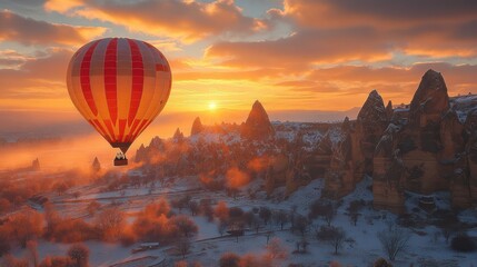 Hot air balloon soaring over snowy, mountainous landscape at sunrise.