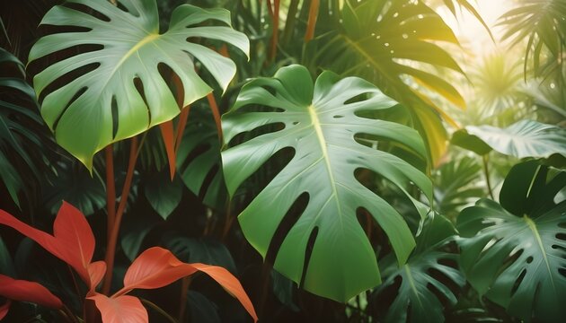 Exuberante follaje tropical con varias hojas verdes grandes, incluidas monstera, palmeras y otras plantas ex&oacute;ticas, sobre un fondo verde claro