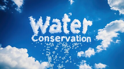 Water conservation concept with cloud text in blue sky for environmental awareness