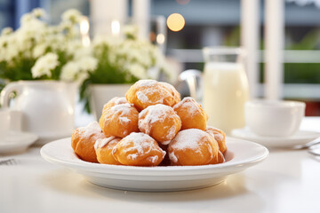 Golden fried dough fritters with powdered sugar on a sunny break