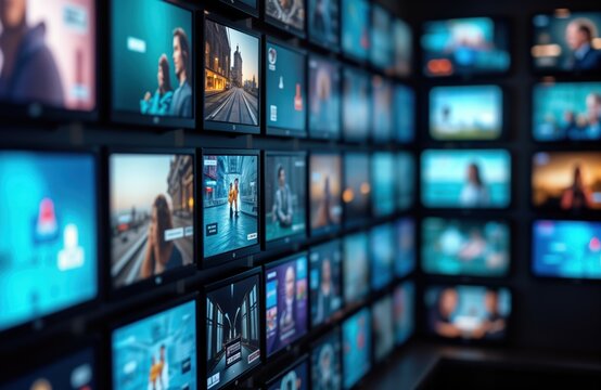 Wall of TVs displays various media content. Different tech screens show diverse images, videos. Perfect for media tech advertising concepts. Modern display wall shows diverse content. Visual display