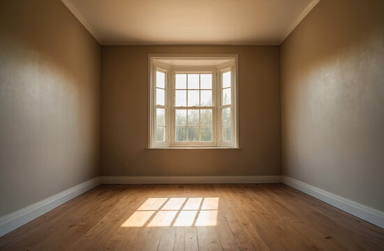 cozy empty room with a small square window letting in soft golden light