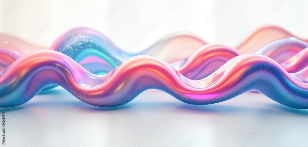Fototapete Abstract iridescent wave shapes in vibrant colors flow dynamically. Multicolored fluid forms create futuristic, trendy design. Smooth curves, glossy surfaces showcase vibrant colors. Generative AI