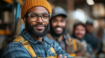 Team of joyful workers in a warehouse posing for a group photo during the afternoon hours