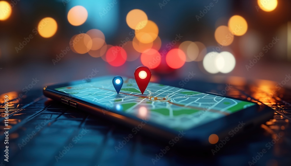 Poster Smartphone displays digital map with location markers. GPS navigation app shows route plan. Modern mobile technology for travel. City street map. Night background. Urban setting. Finding