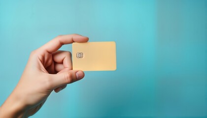 Close-up of hand holding blank credit card against blue backdrop. Hand holds plastic card with chip. Modern payment method. Cashless transaction. Blank template for design. Possible promotional image
