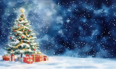 Obraz premium Beautiful snow-covered Christmas watercolor tree with gifts