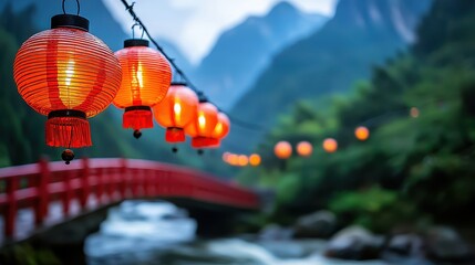 Chinese New Year Background Concept, Serene Mountain Landscape with Red Bridge and Lanterns Under a Peaceful Sky