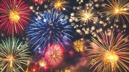 Fototapeta premium Vibrant Display of Colorful Fireworks Lighting Up the Night Sky Over a Cityscape, Celebrating a Festive Occasion with a Cascade of Sparks and Bright Explosions