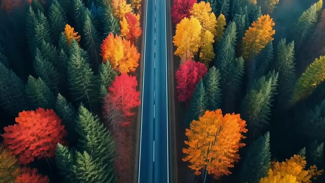 Aerial view of vibrant autumn forest with red and yellow foliage along winding road