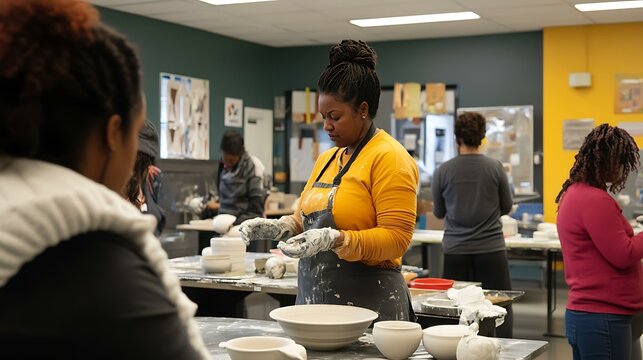 A diverse group learning pottery techniques at a community center