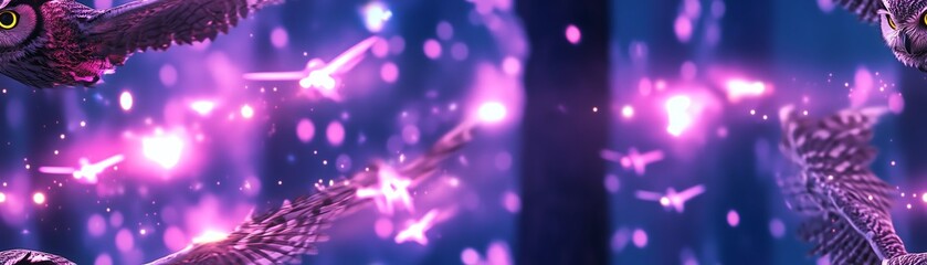Fototapeta premium Magical owls fly through a purple, glittering night sky. Sparkling energy surrounds them in this enchanting fantasy scene.