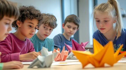 Fototapeta premium A group of children learning origami animals in a classroom