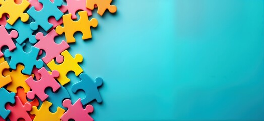 Colorful puzzle pieces scattered on vibrant blue background create visual concept of problem solving, solution finding. Diverse colors evoke creativity, cooperation. Image ideal for business