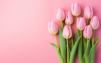 Fototapeta premium Tulips on a pink background, with a place for text