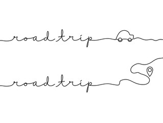 Road trip monoline text. One line continuous concept holiday road trip banner. Line art road trip short phrases word illustration.