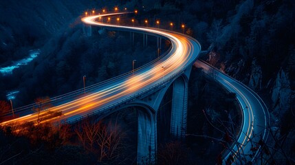 Nighttime Scene of Winding Highway with Light Trails from Cars, Surrounded by Scenic Landscape and Gorgeous Mountain Backdrop