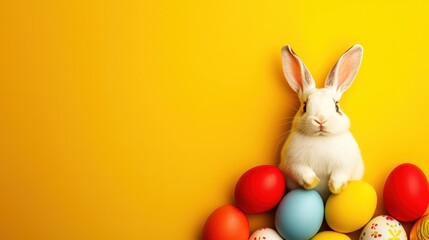 Adorable White Bunny Sitting Among Colorful Easter Eggs on Yellow