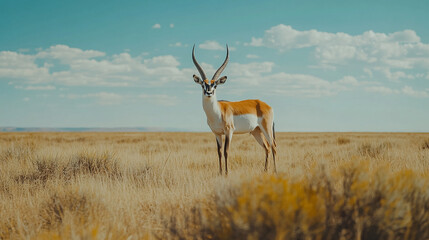 Fototapeta premium Elegant antelope standing in vast grassland under blue sky in the afternoon sun