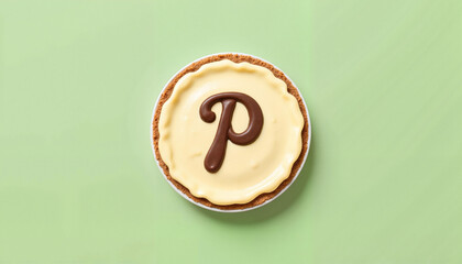 Dessert cookie with chocolate letter P on green background, Pi Day theme