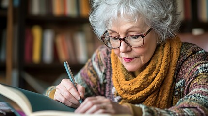 A senior woman learning to write poetry in a creative writing workshop