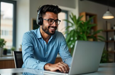 Young Indian businessman using laptop, headset. Smiles working in modern office home office. Seems to talking to client team. Wears glasses, light blue shirt. Seems happy, engaged in remote business
