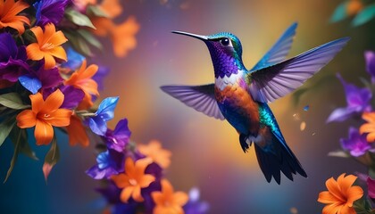 Un colorido colibrí con vibrantes plumas azules, moradas y naranjas flotando en el aire sobre un fondo borroso