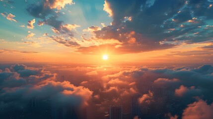 Majestic Sunset Over City Skyline with Vibrant Clouds Illuminated by Golden Light, Capturing the Beauty of Nature and Urban Landscape in Harmony