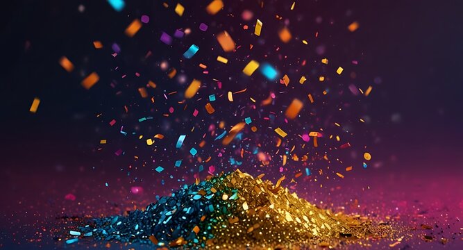 Colorful glitter and confetti on a bright gradient background. Eve event posters, party invitations, pop art