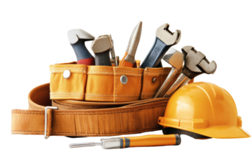 Transparent png background of tools in belt with hard hat for industry and construction projects