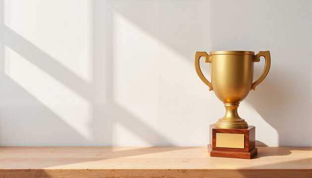 Golden trophy on wooden shelf against white wall
