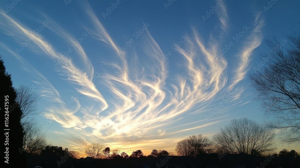 Poster a beautiful sunset with wispy clouds creating a stunning sky display.