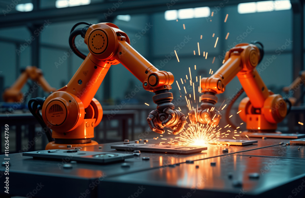 Fototapete automated robotic arms weld metal parts in factory. industrial production line uses ai-powered robot