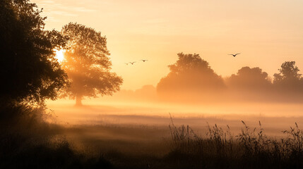 Obraz premium Early morning mist envelops a tranquil landscape with rising sun and flying birds